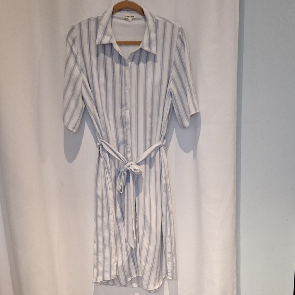 Jessakae Blue And White Striped Button-Up Shirt Dress with Belt Size XL
